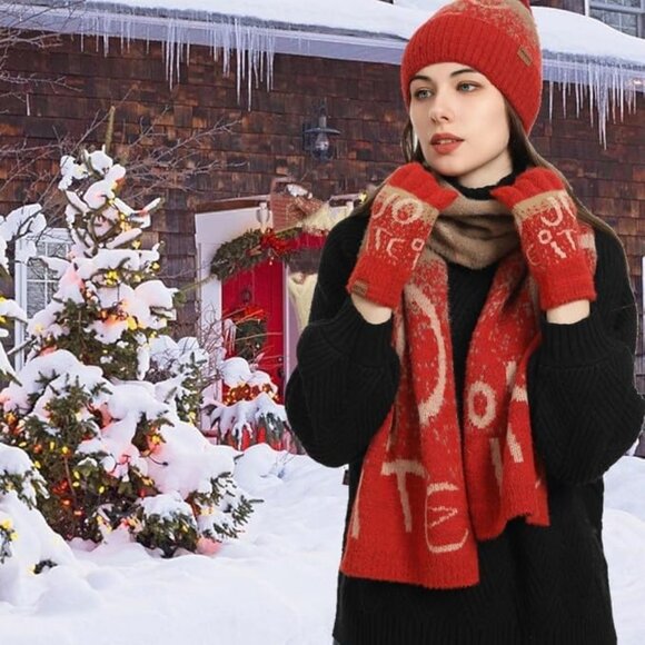Women's Wine Red Winter Warm Skull Caps Knit Gloves Beanie Neck Scarves 3 Set - Picture 2 of 6